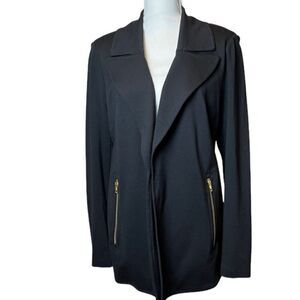 Carmen Marc Valvo Open Front Blazer Black Stretch Gold Zipper Detail Size Medium